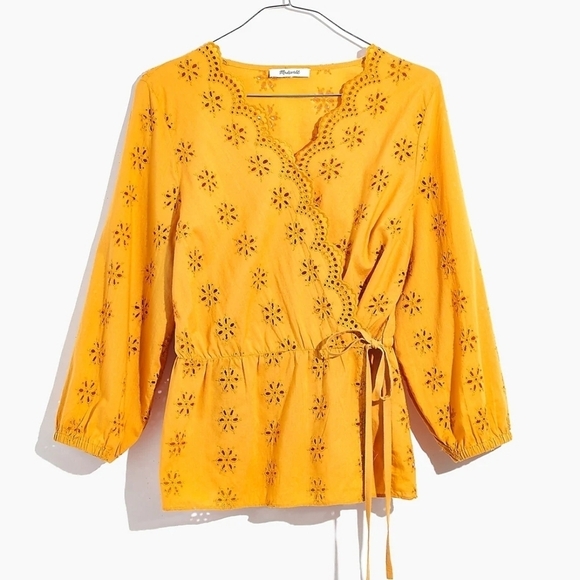 Madewell Tops - Madewell Scalloped Eyelet Wrap Blouse Mustard Yellow Boho Top